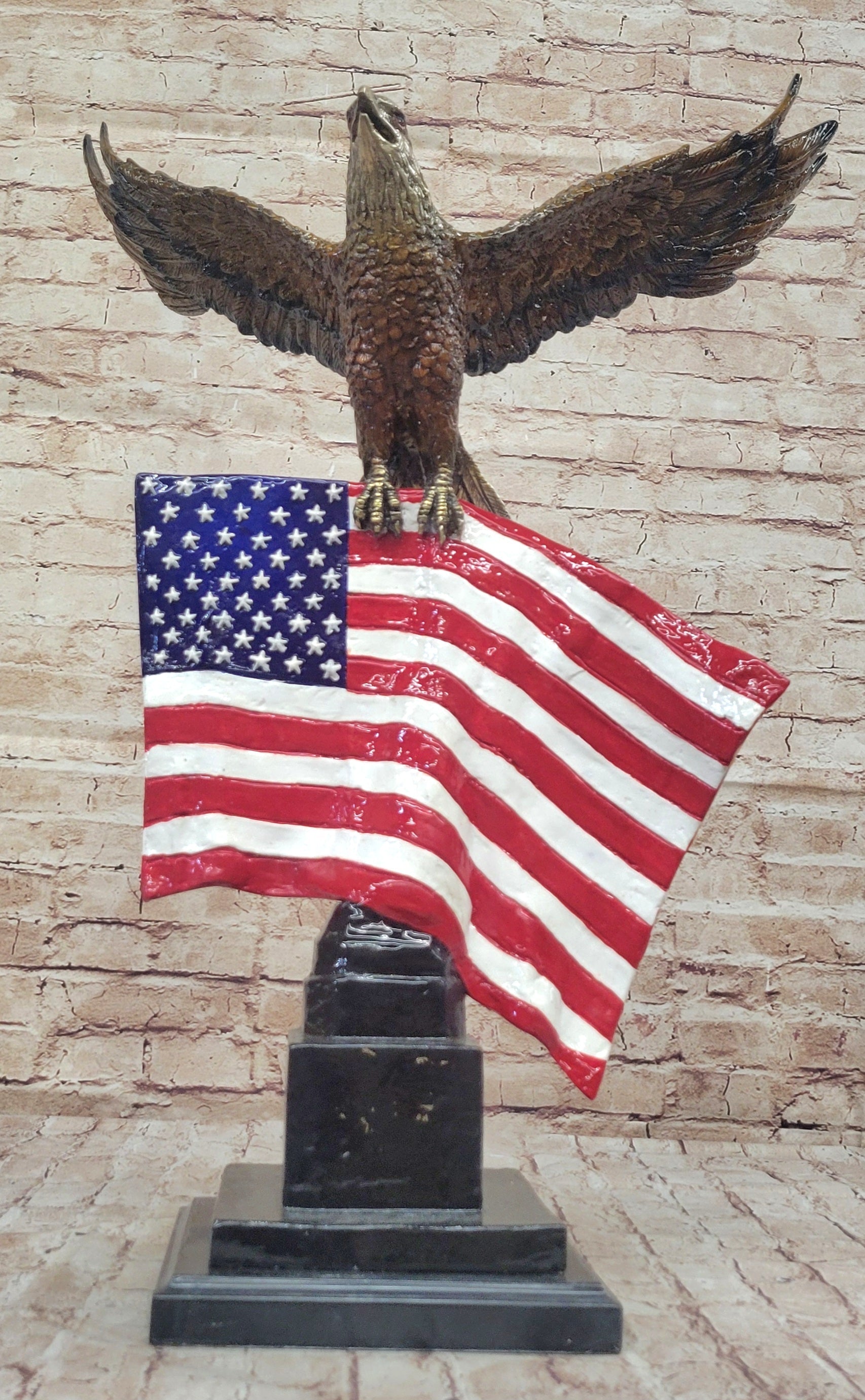 Bald Eagle w/ American Flag - Bronze Metal Sculpture on Marble Base