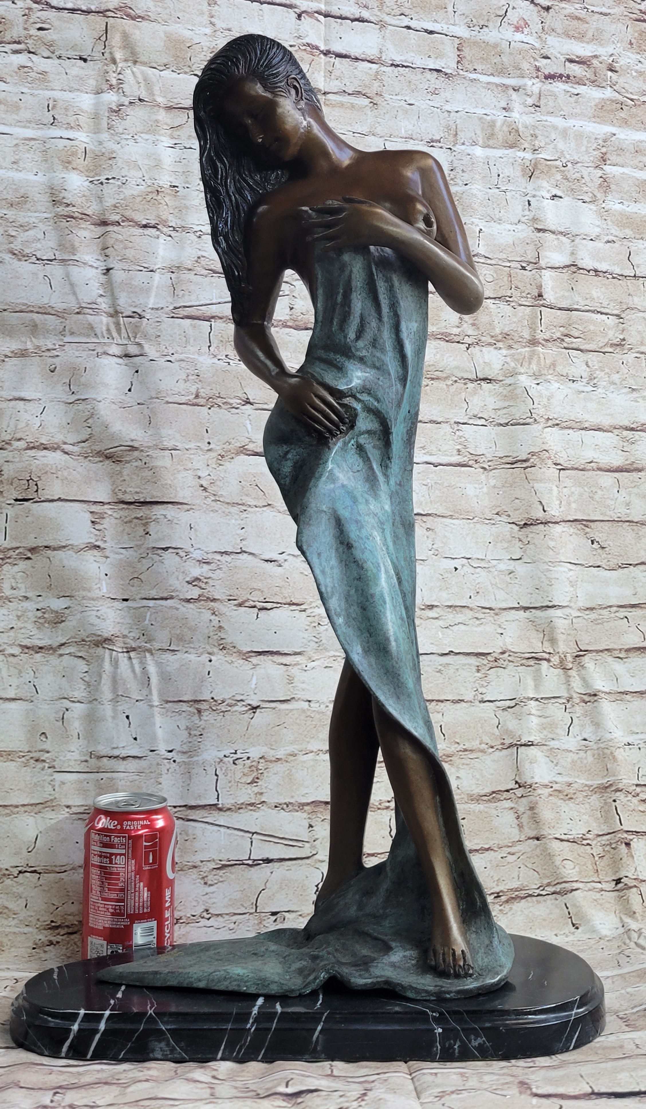 Sensual Bronze Maiden with Flowing Wrap – Elegant Nude Sculpture on Marble Base