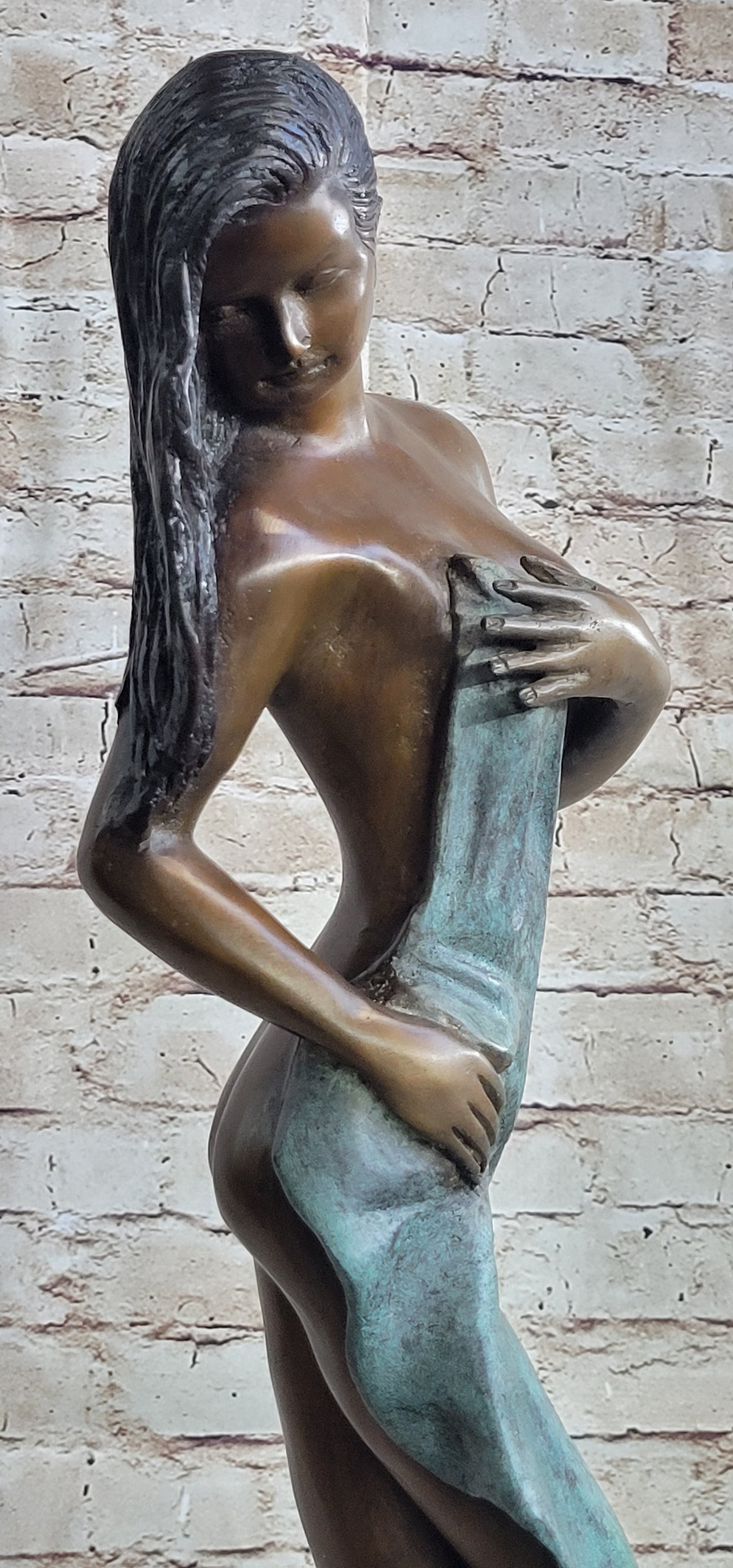 Sensual Bronze Maiden with Flowing Wrap – Elegant Nude Sculpture on Marble Base
