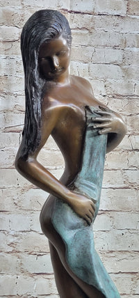 Sensual Bronze Maiden with Flowing Wrap – Elegant Nude Sculpture on Marble Base