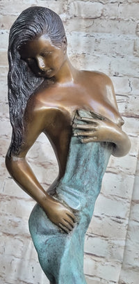 Sensual Bronze Maiden with Flowing Wrap – Elegant Nude Sculpture on Marble Base