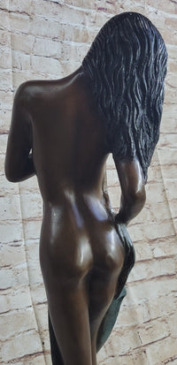 Sensual Bronze Maiden with Flowing Wrap – Elegant Nude Sculpture on Marble Base