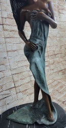 Sensual Bronze Maiden with Flowing Wrap – Elegant Nude Sculpture on Marble Base