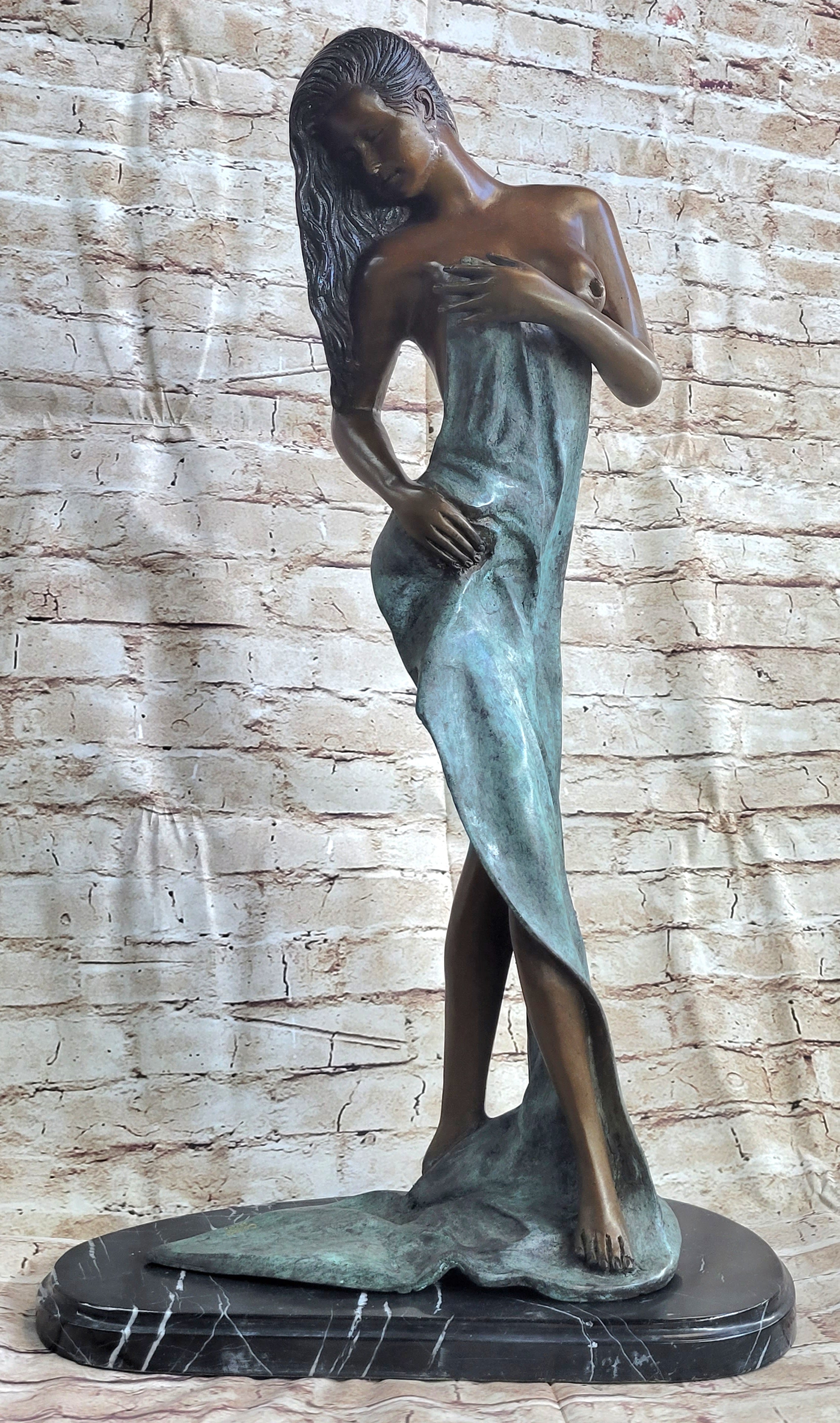 Sensual Bronze Maiden with Flowing Wrap – Elegant Nude Sculpture on Marble Base