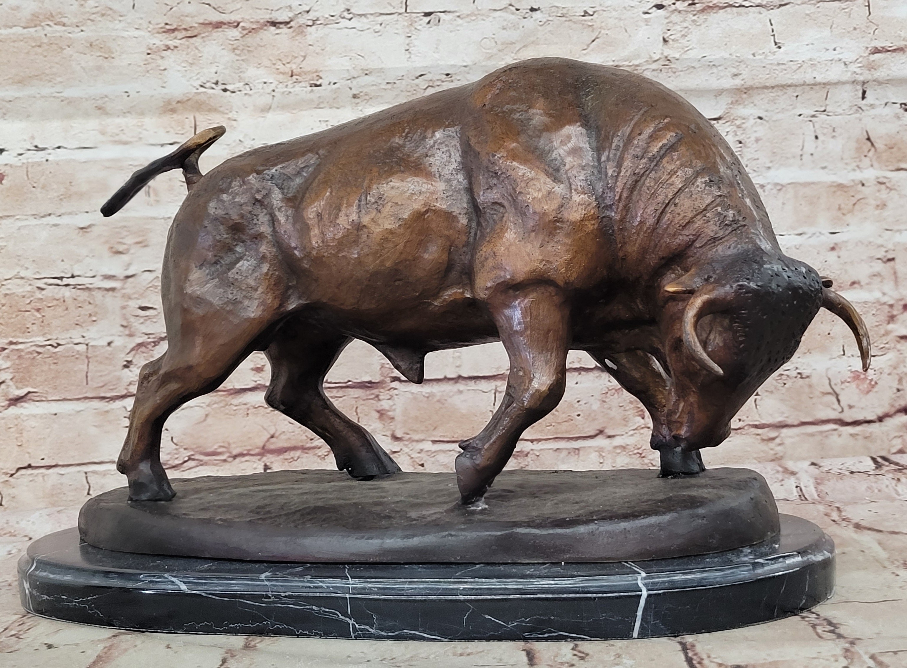 Charging Bull Bronze Sculpture Moigniez 11" x 17" Marble Base