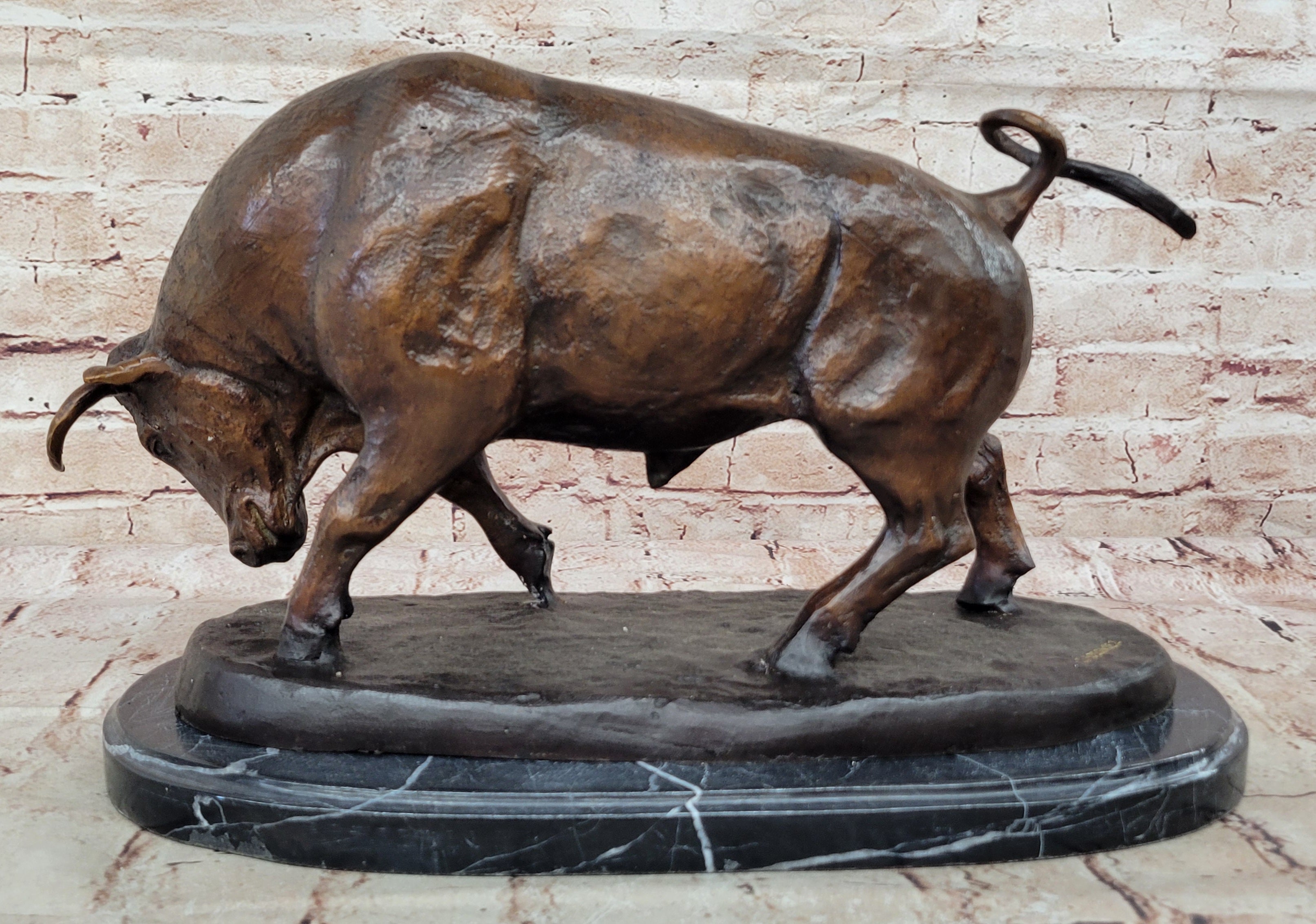 Charging Bull Bronze Sculpture Moigniez 11" x 17" Marble Base