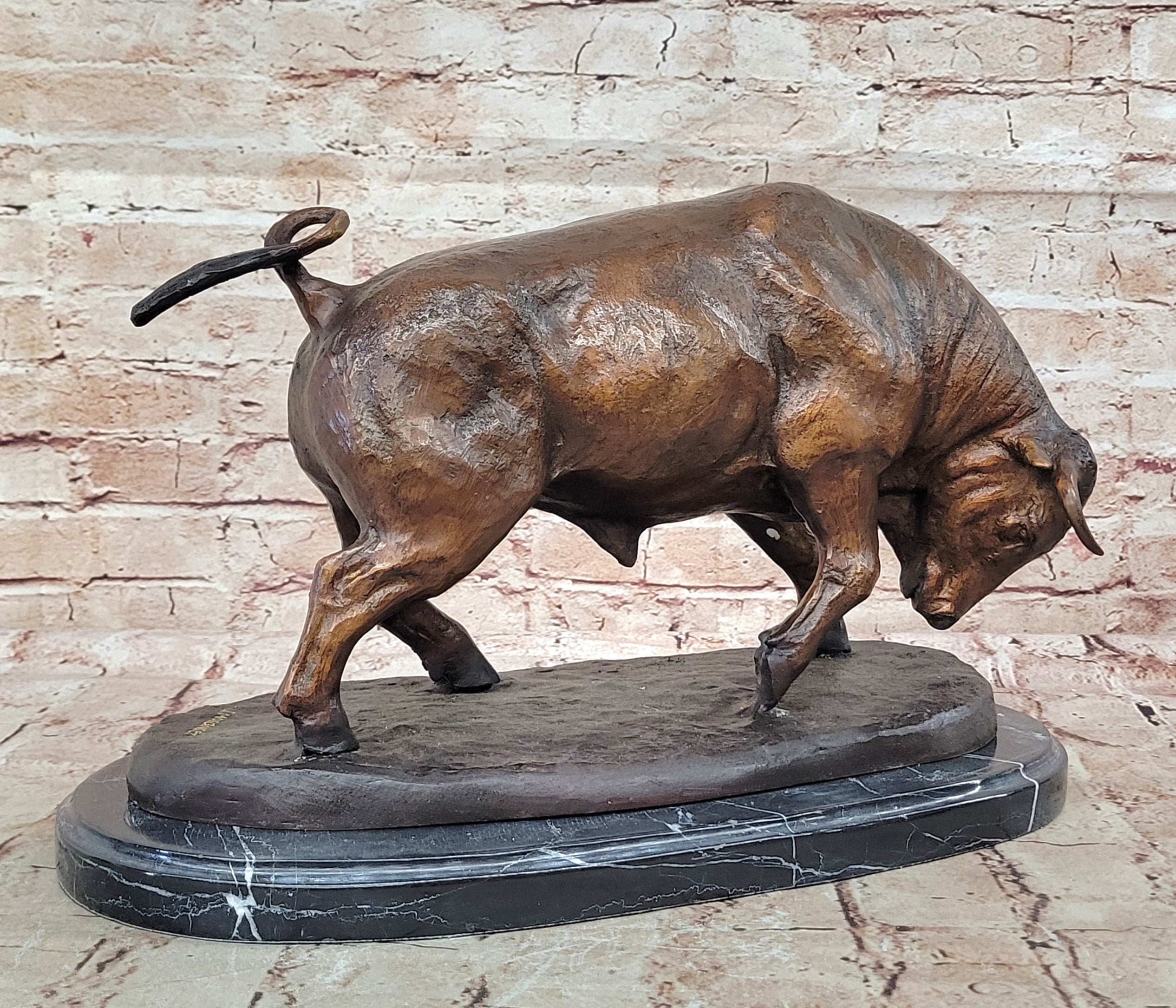 Charging Bull Bronze Sculpture Moigniez 11" x 17" Marble Base