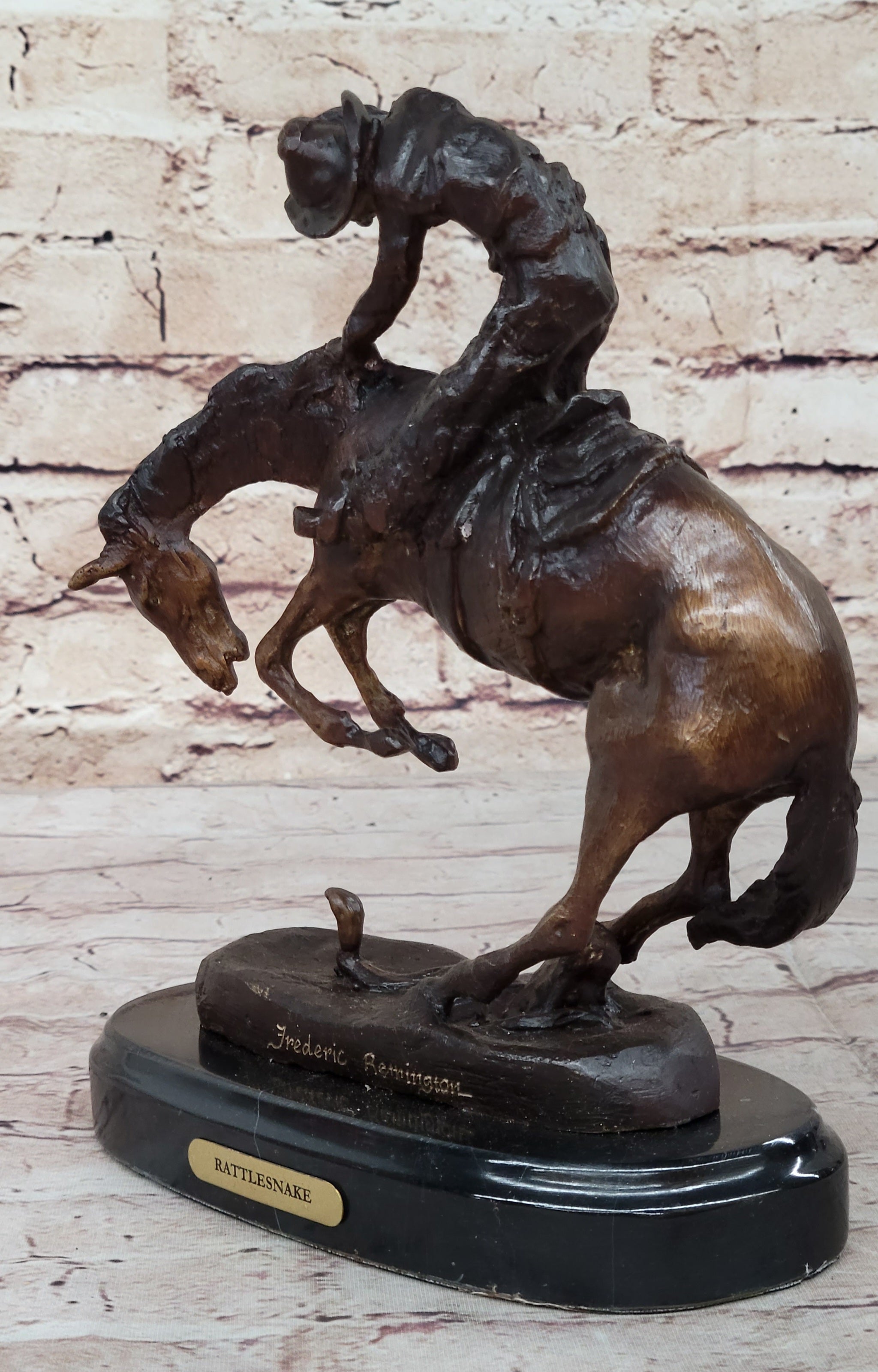 RATTLESNAKE Frederic Remington Bronze on Marble Desktop Statue Sculpture 9" x 8"