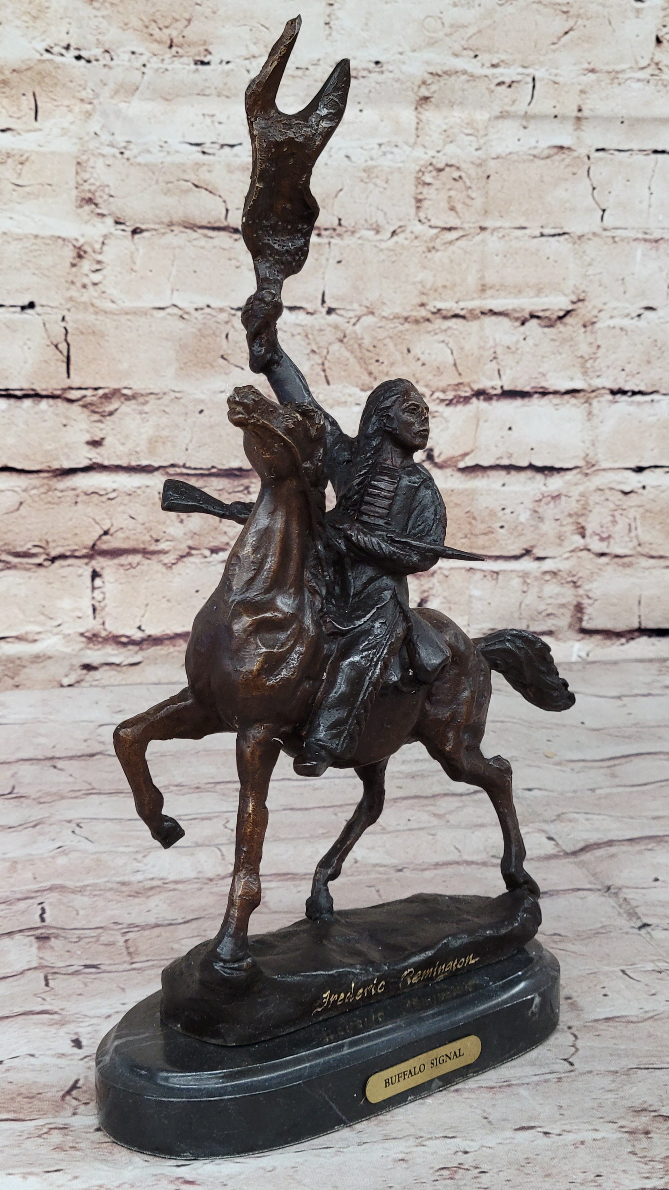 BUFFALO SIGNAL Frederic Remington Bronze Desktop Statue Sculpture Western 13" x 9"
