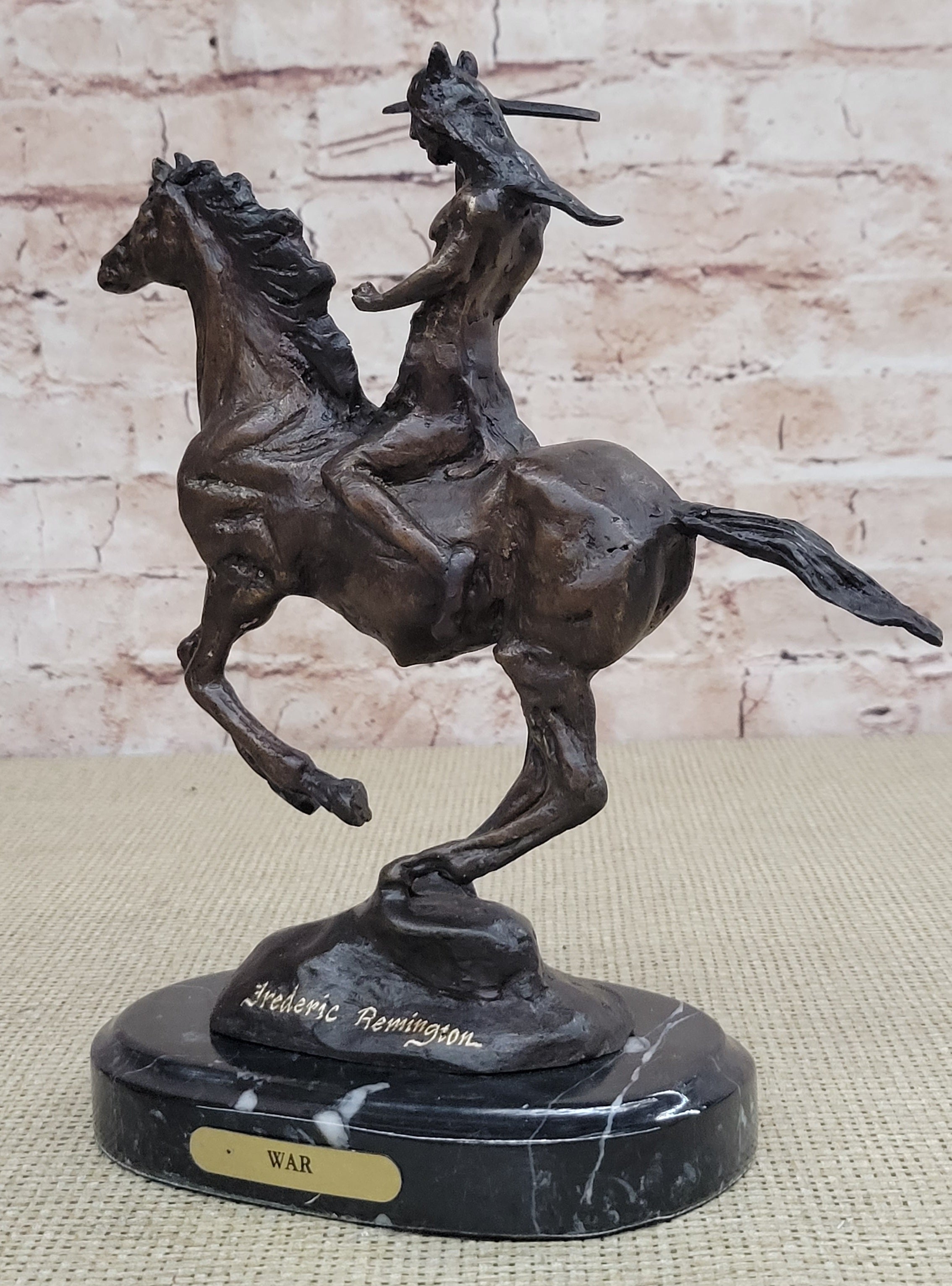 WAR Western Bronze Sculpture Native American Horseback 9" x 8"