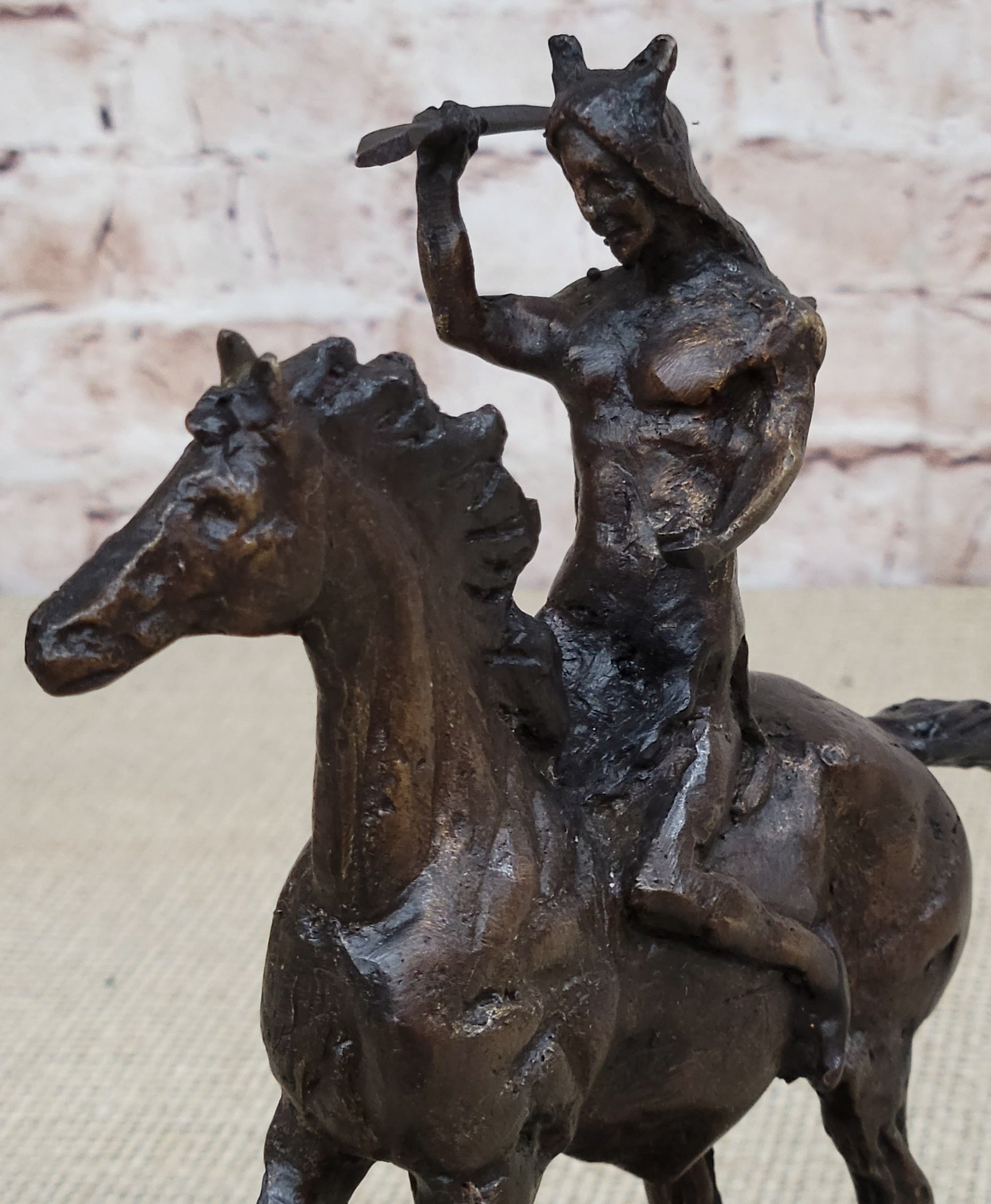 WAR Western Bronze Sculpture Native American Horseback 9" x 8"
