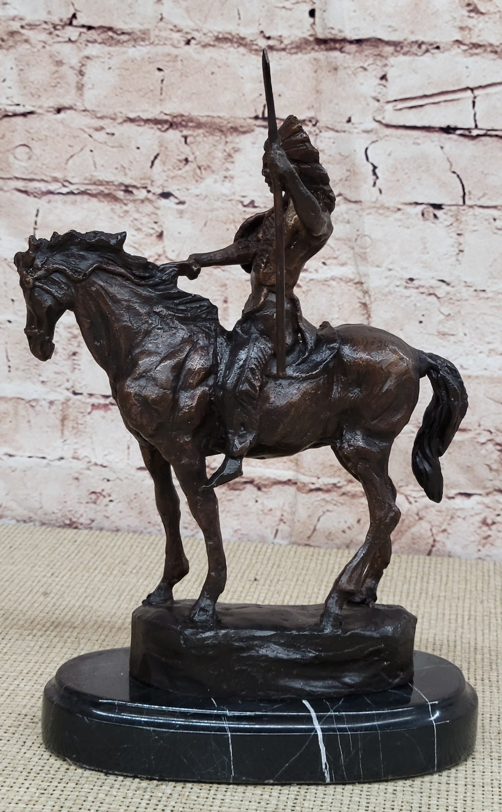 MOHICAN Western Bronze Statue Sculpture Native American Indian Horseback 11" x 8"