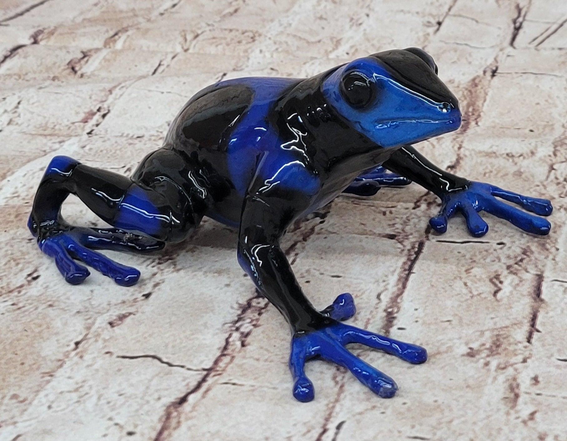 Blue & Black Poison Dart Tree Frog Bronze Metal Sculpture Signed