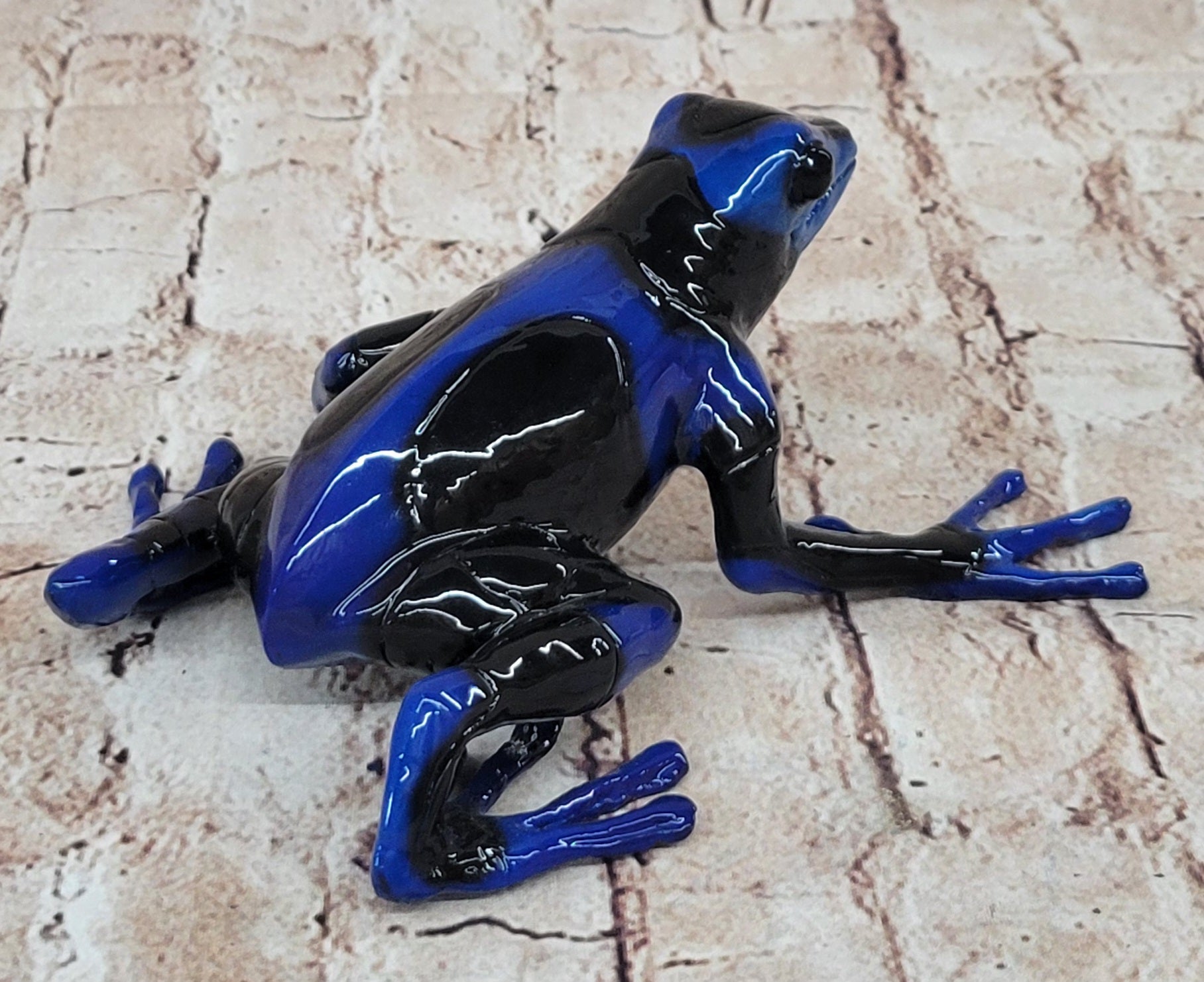 Blue & Black Poison Dart Tree Frog Bronze Metal Sculpture Signed