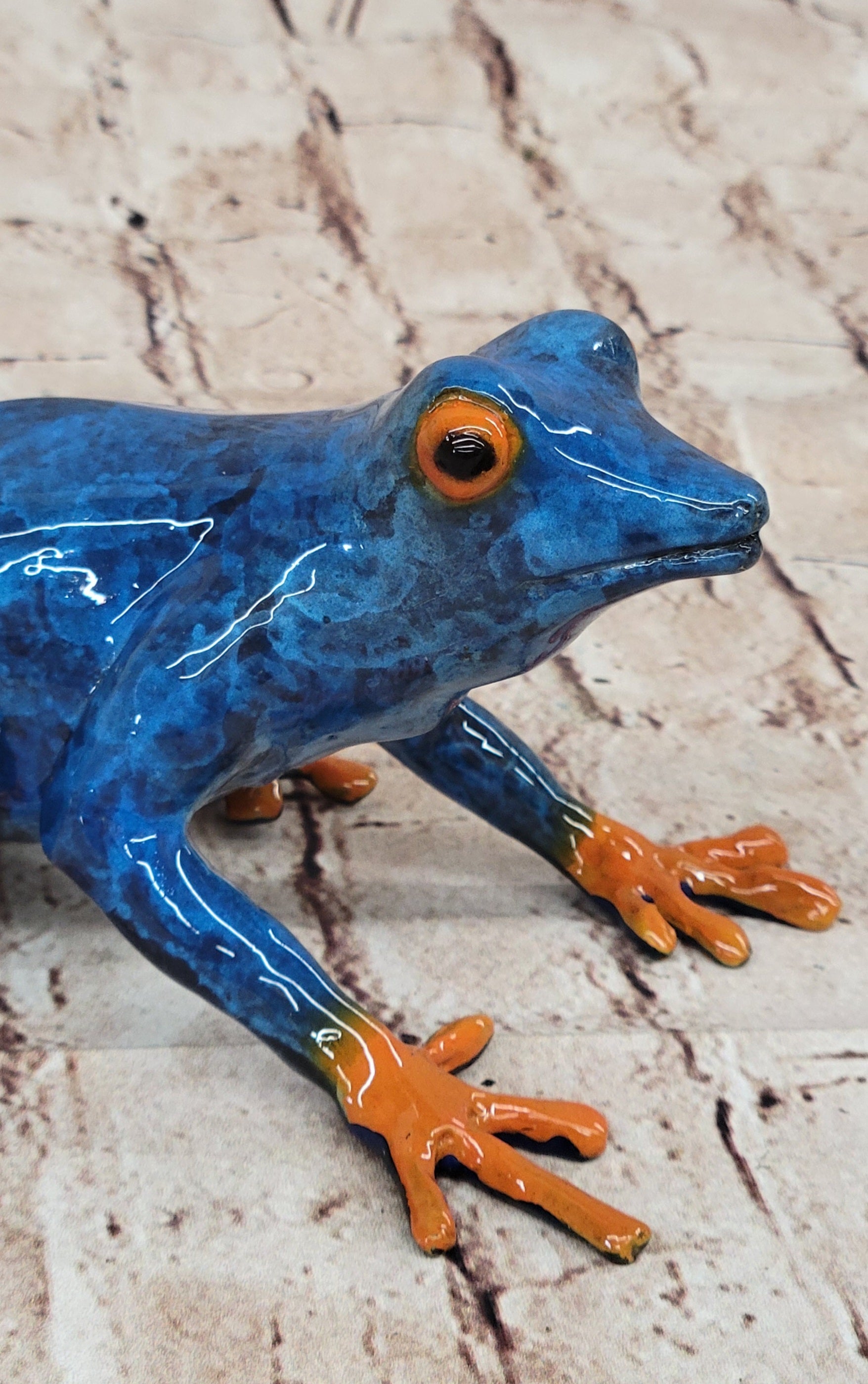 Bronze Blue & Orange Poison Dart Tree Frog Sculpture