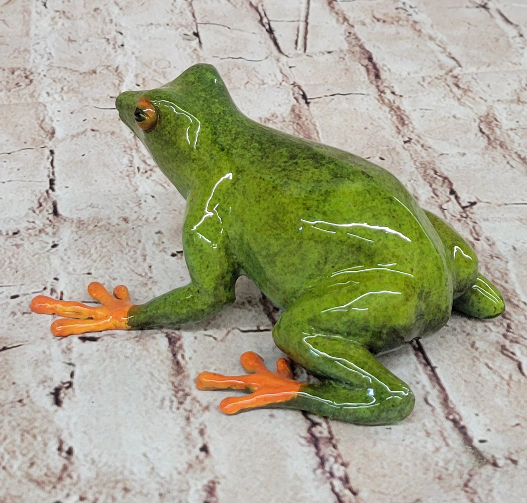 Bronze Metal Green & Orange Poison Dart Tree Frog Sculpture