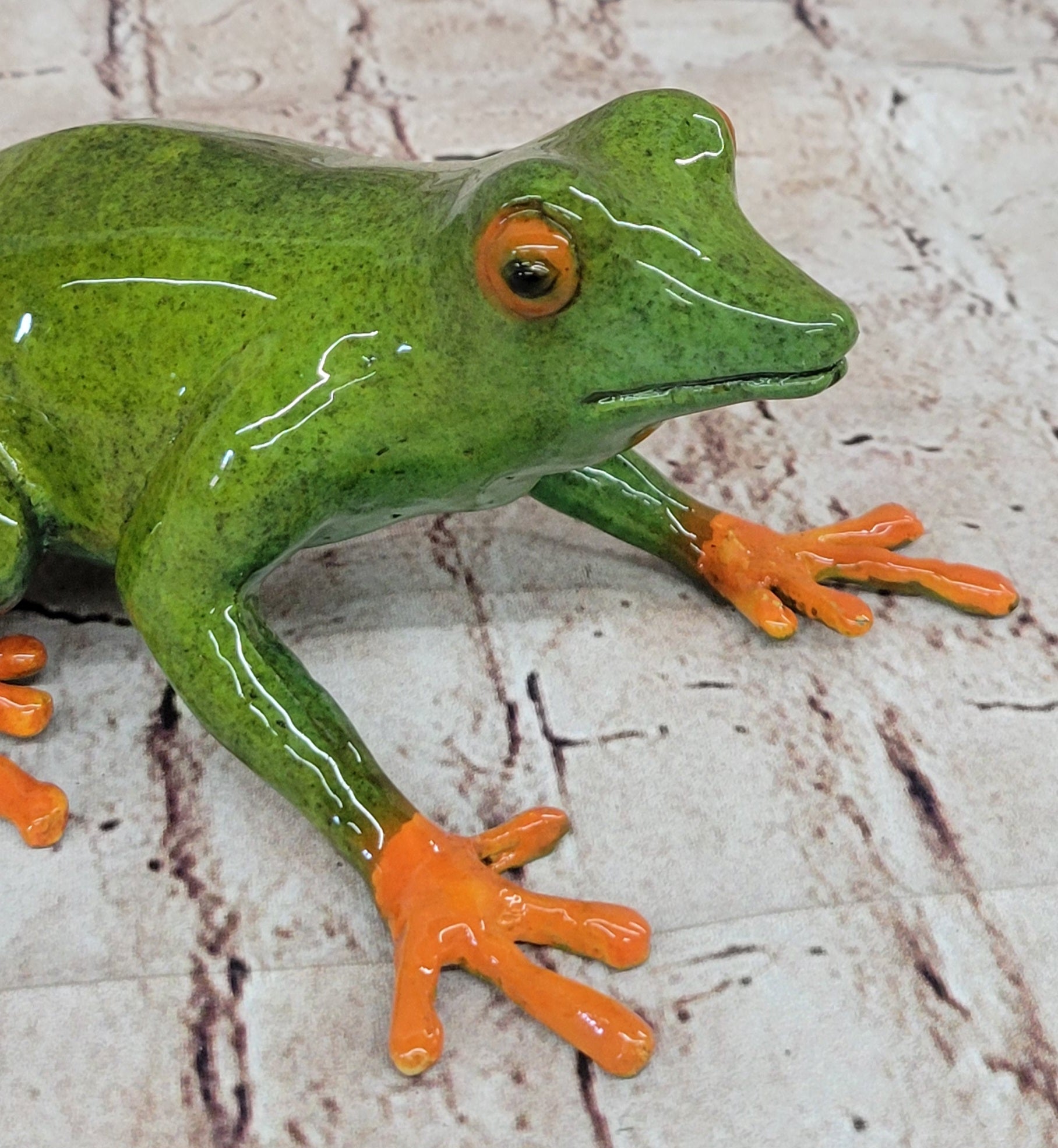 Bronze Metal Green & Orange Poison Dart Tree Frog Sculpture