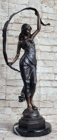 Signed Moreau Beauty Ribbon Dancer Bronze Sculpture Marble Base