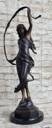 Signed Moreau Beauty Ribbon Dancer Bronze Sculpture Marble Base
