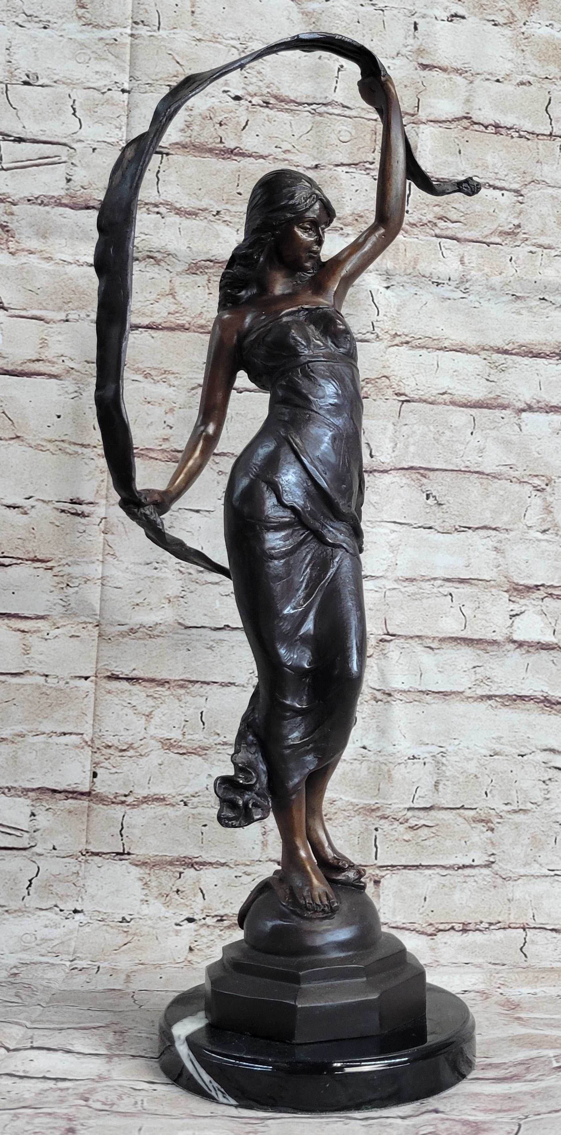 Signed Moreau Beauty Ribbon Dancer Bronze Sculpture Marble Base