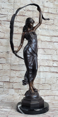 Signed Moreau Beauty Ribbon Dancer Bronze Sculpture Marble Base