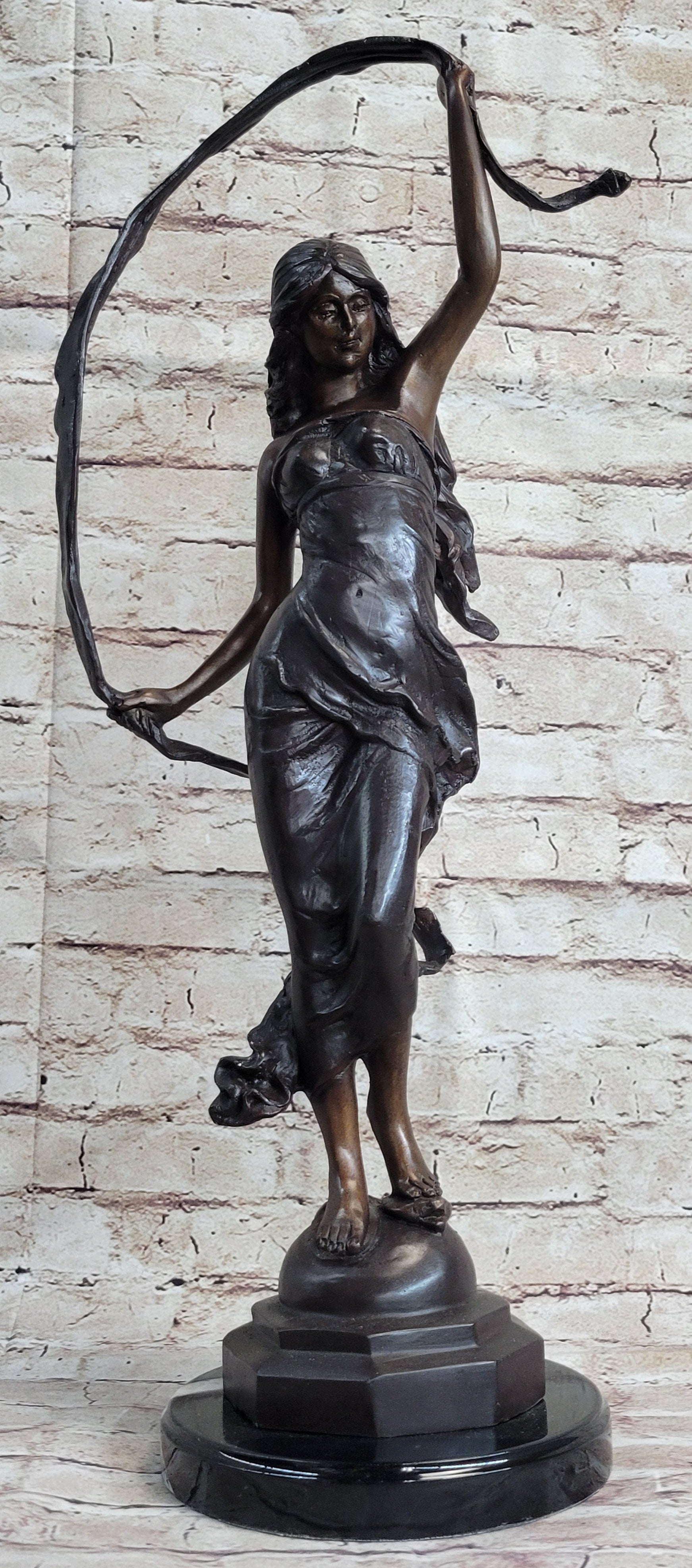 Signed Moreau Beauty Ribbon Dancer Bronze Sculpture Marble Base