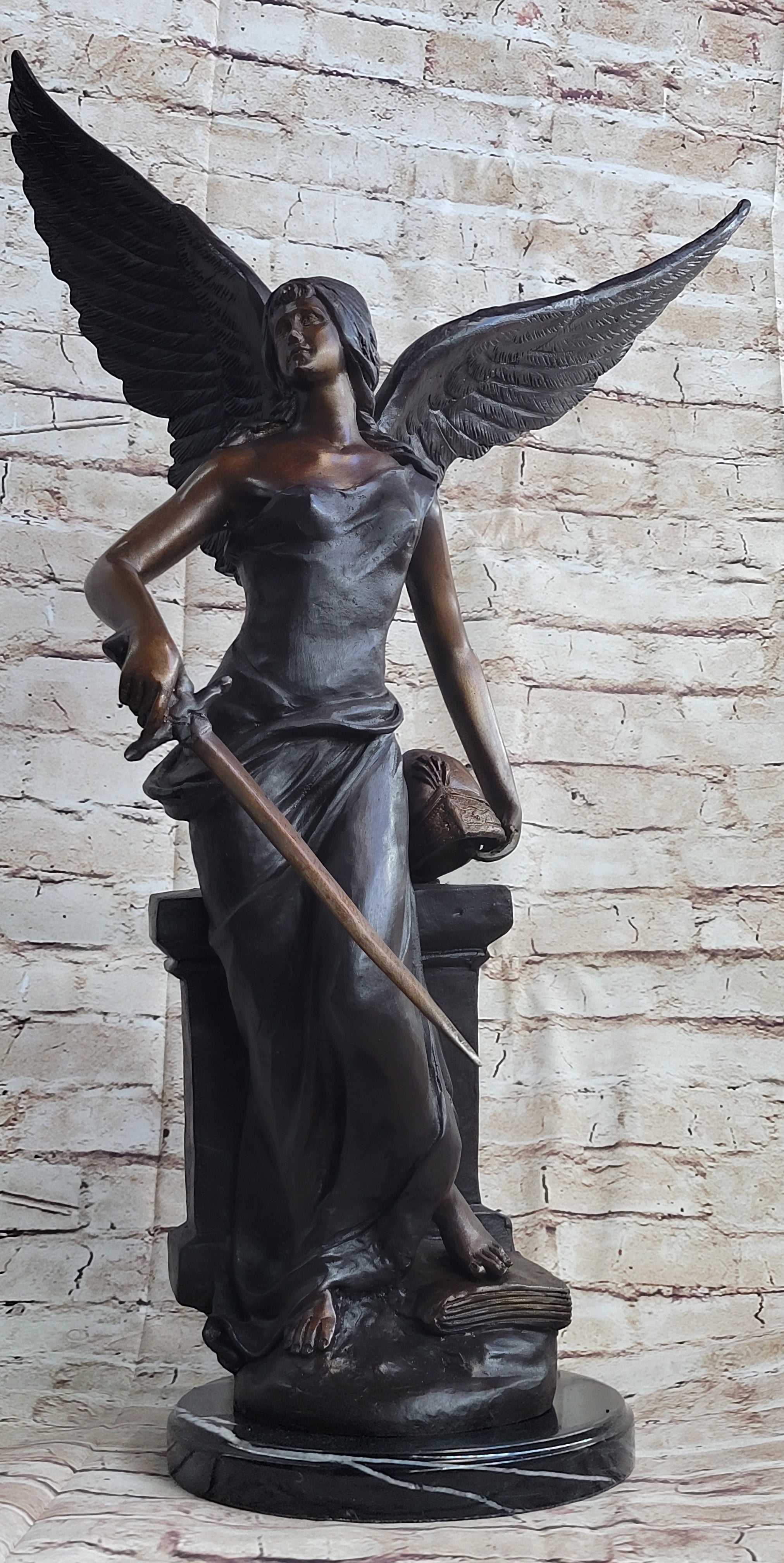 Female Archangel Winged Angel w/ Sword Bronze Sculpture