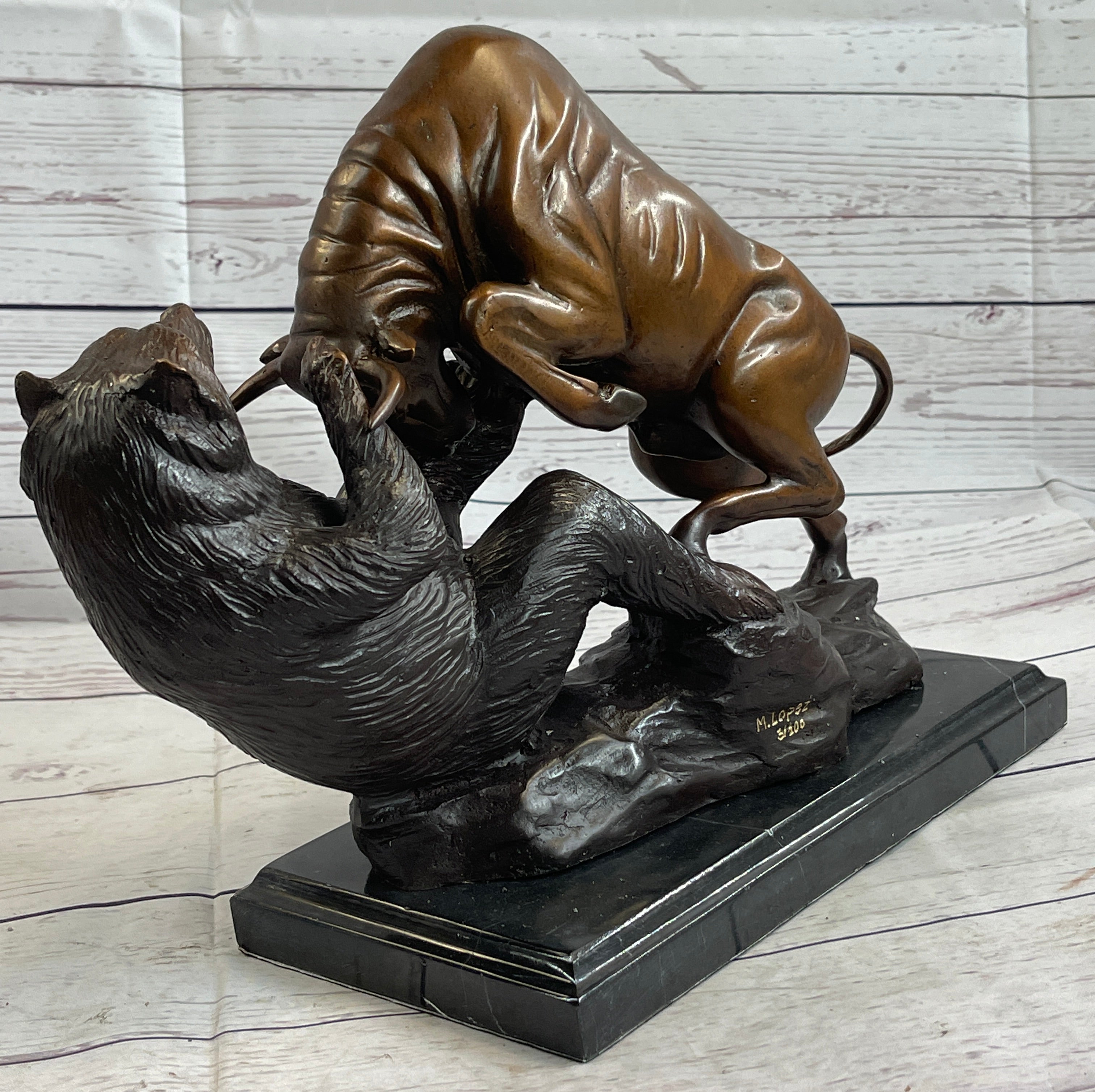Bull vs Bear Bronze Metal Sculpture Stock Market 10" x 13"