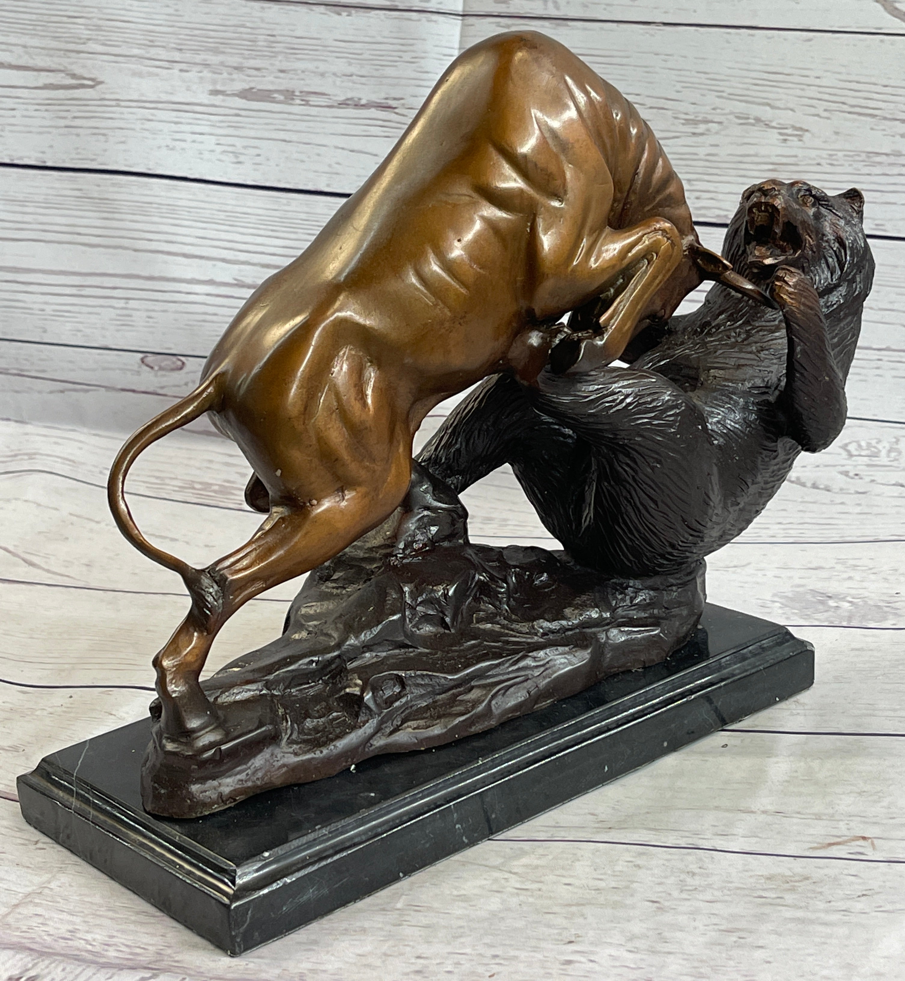 Bull vs Bear Bronze Metal Sculpture Stock Market 10" x 13"