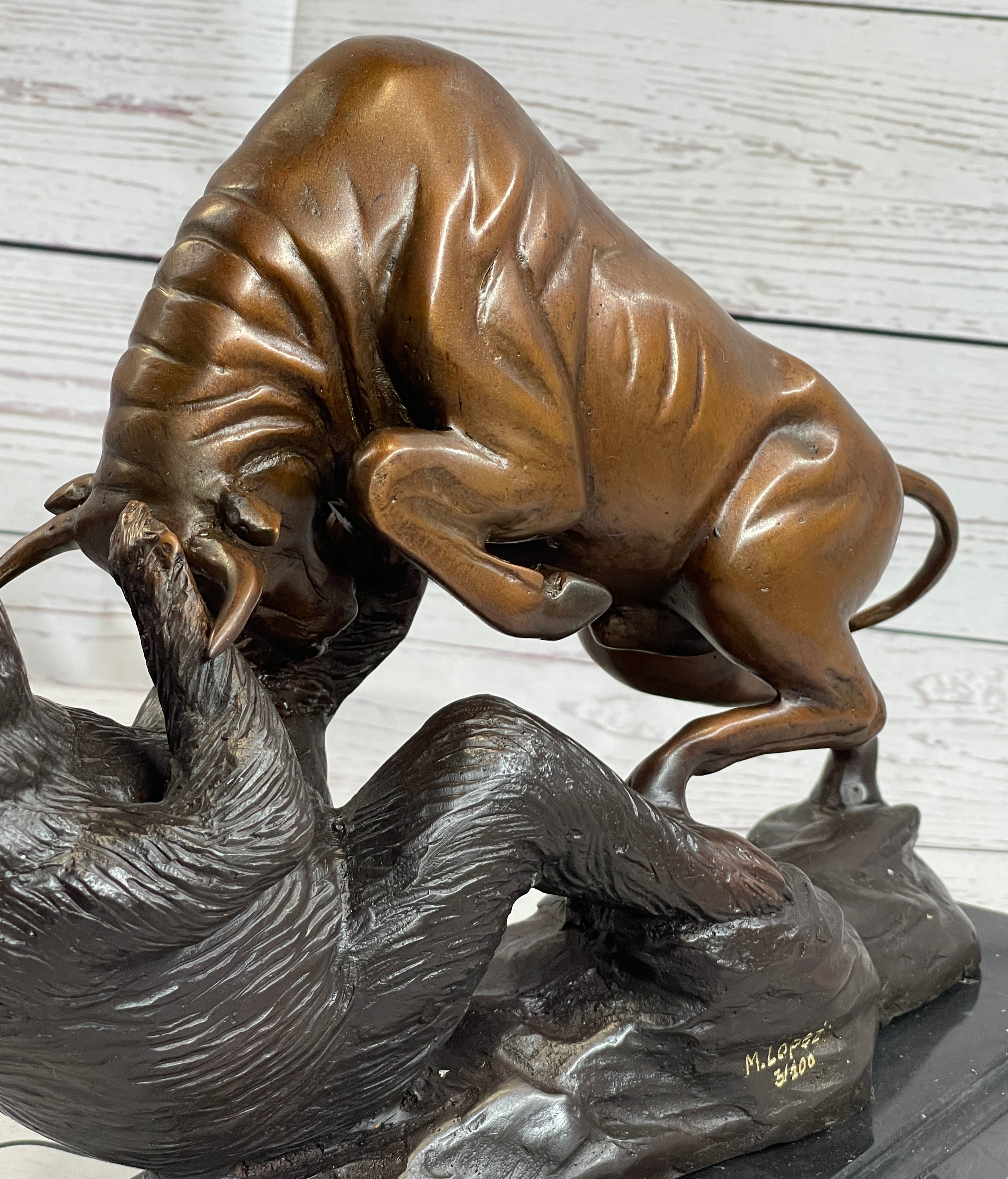 Bull vs Bear Bronze Metal Sculpture Stock Market 10" x 13"