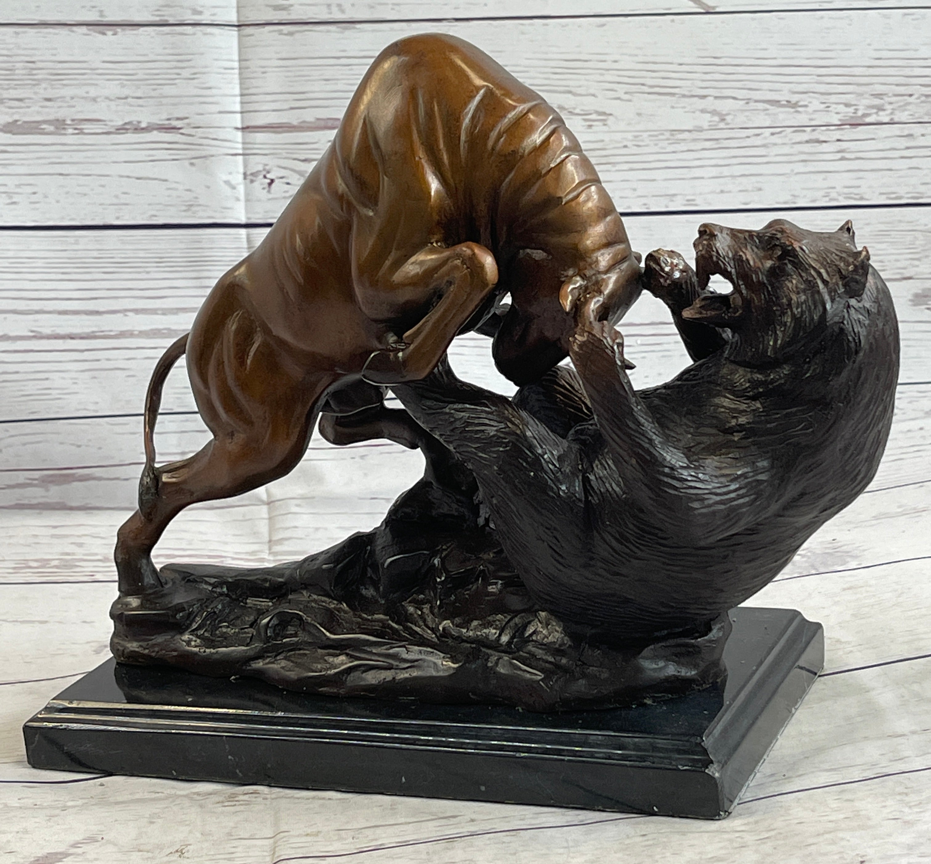 Bull vs Bear Bronze Metal Sculpture Stock Market 10" x 13"