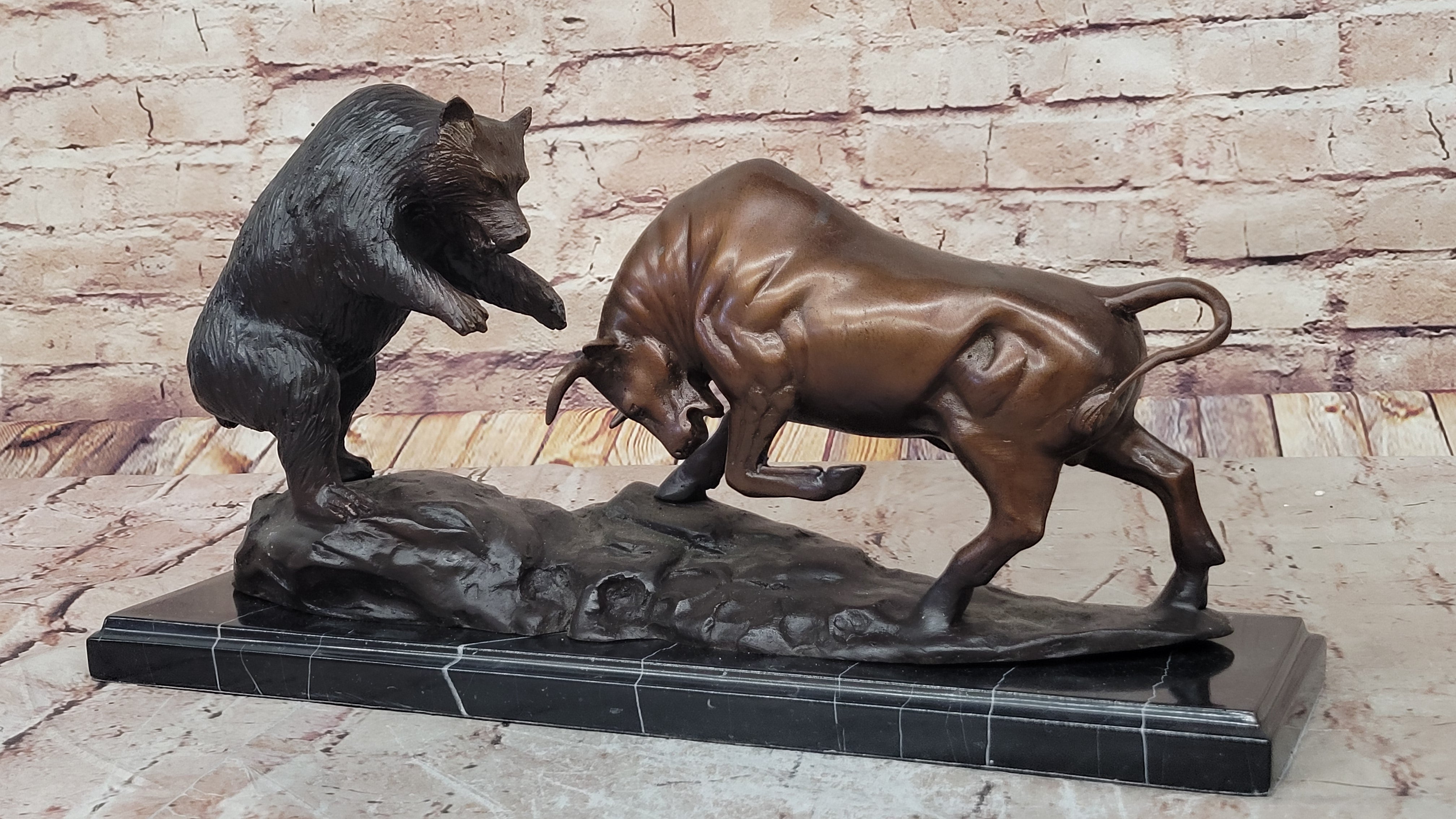 Bull vs Bear Stock Market Bronze Sculpture 9.5" x 17"