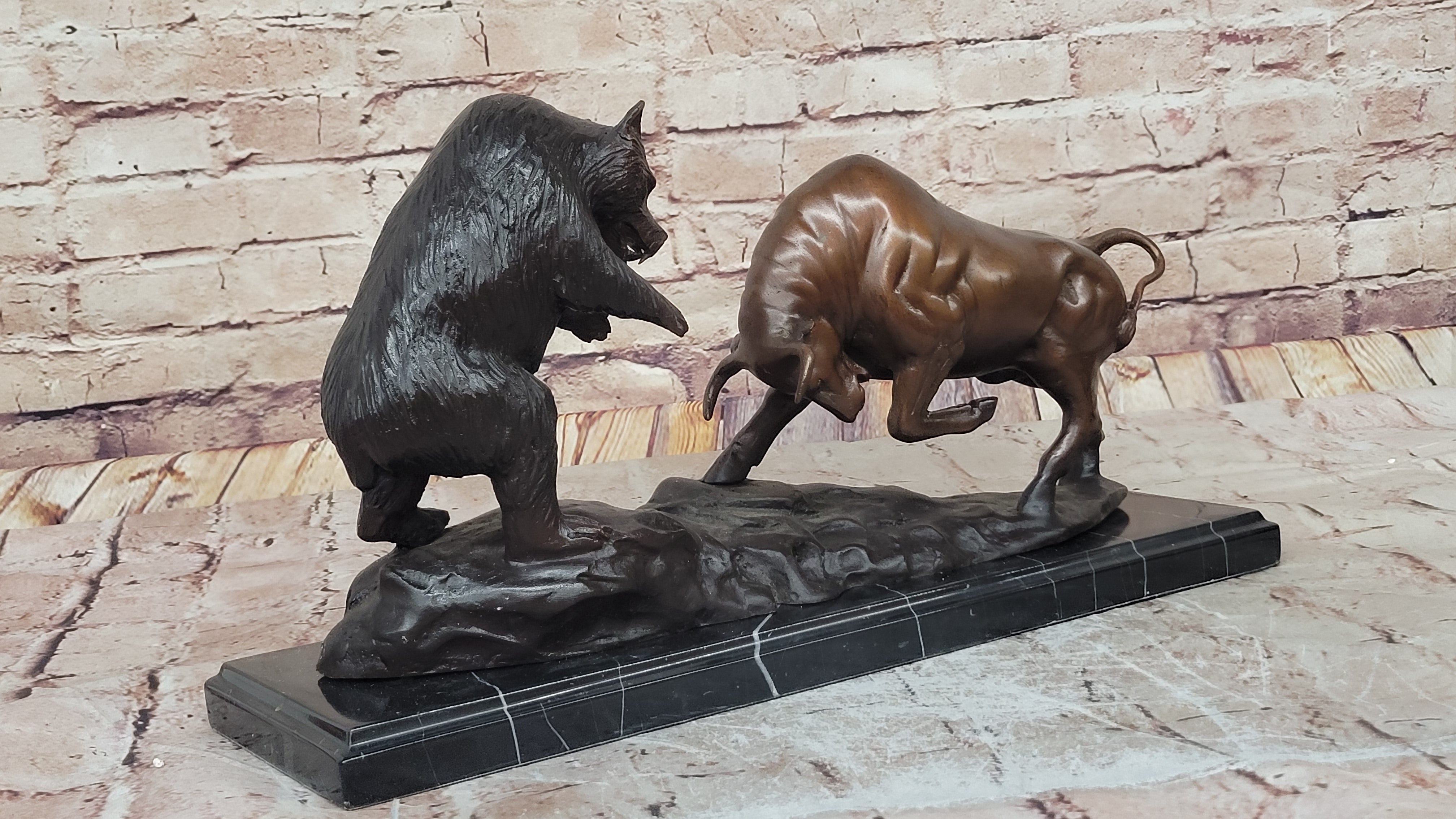 Bull vs Bear Stock Market Bronze Sculpture 9.5" x 17"