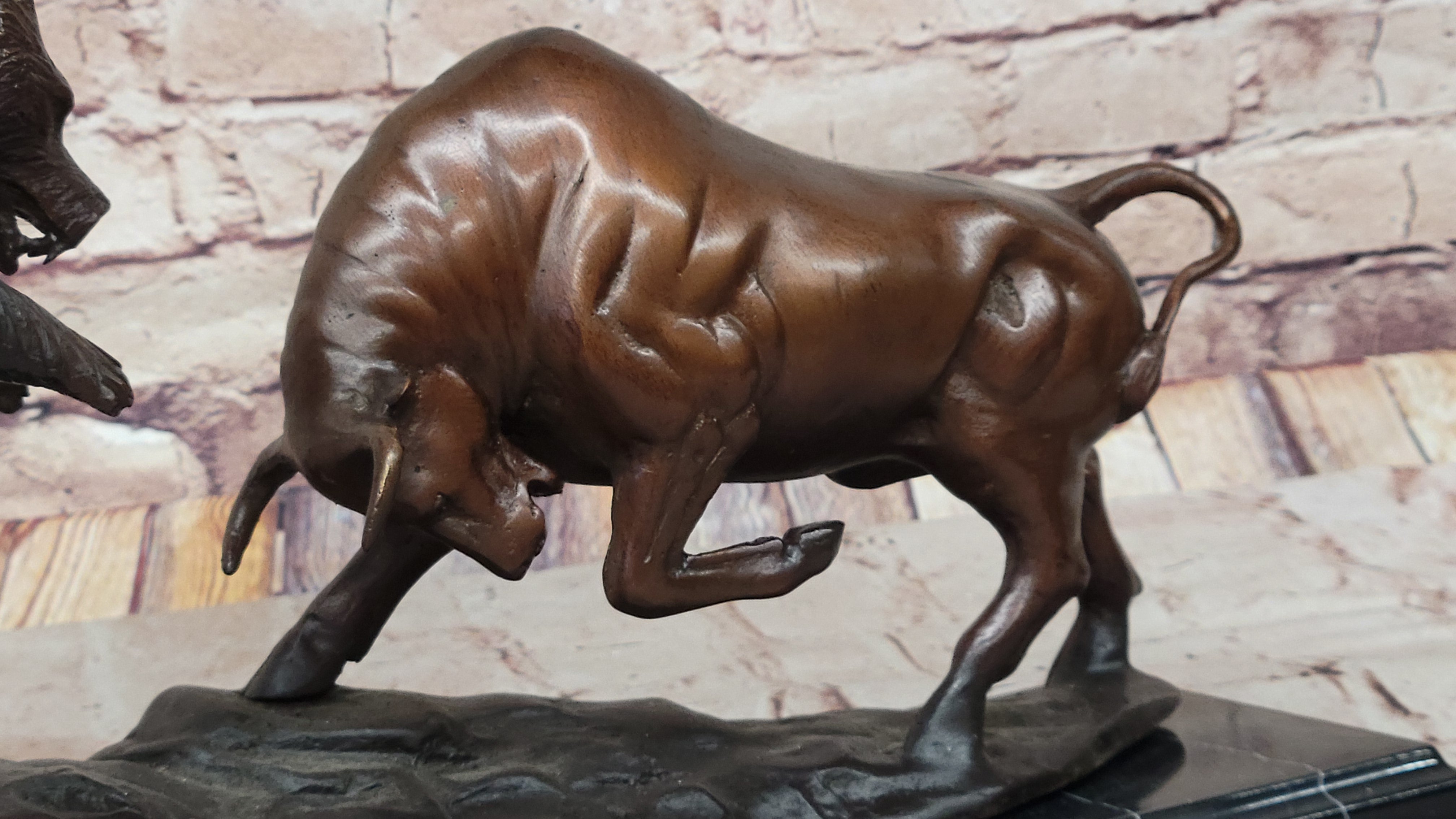 Bull vs Bear Stock Market Bronze Sculpture 9.5" x 17"