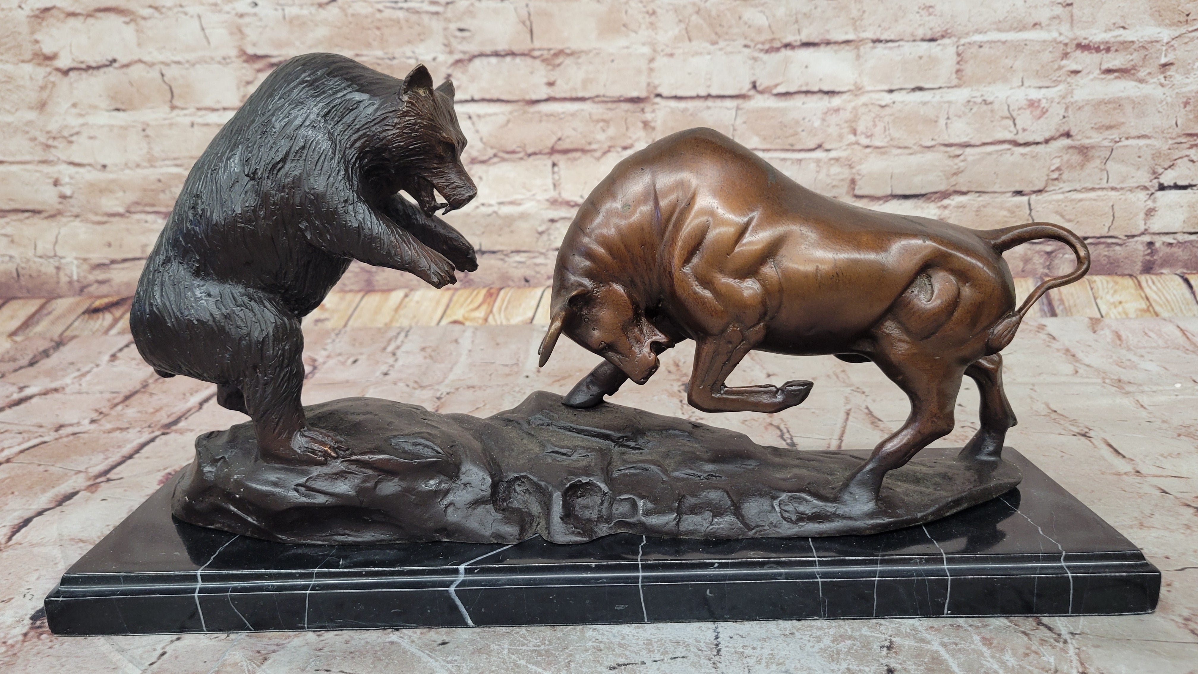 Bull vs Bear Stock Market Bronze Sculpture 9.5" x 17"