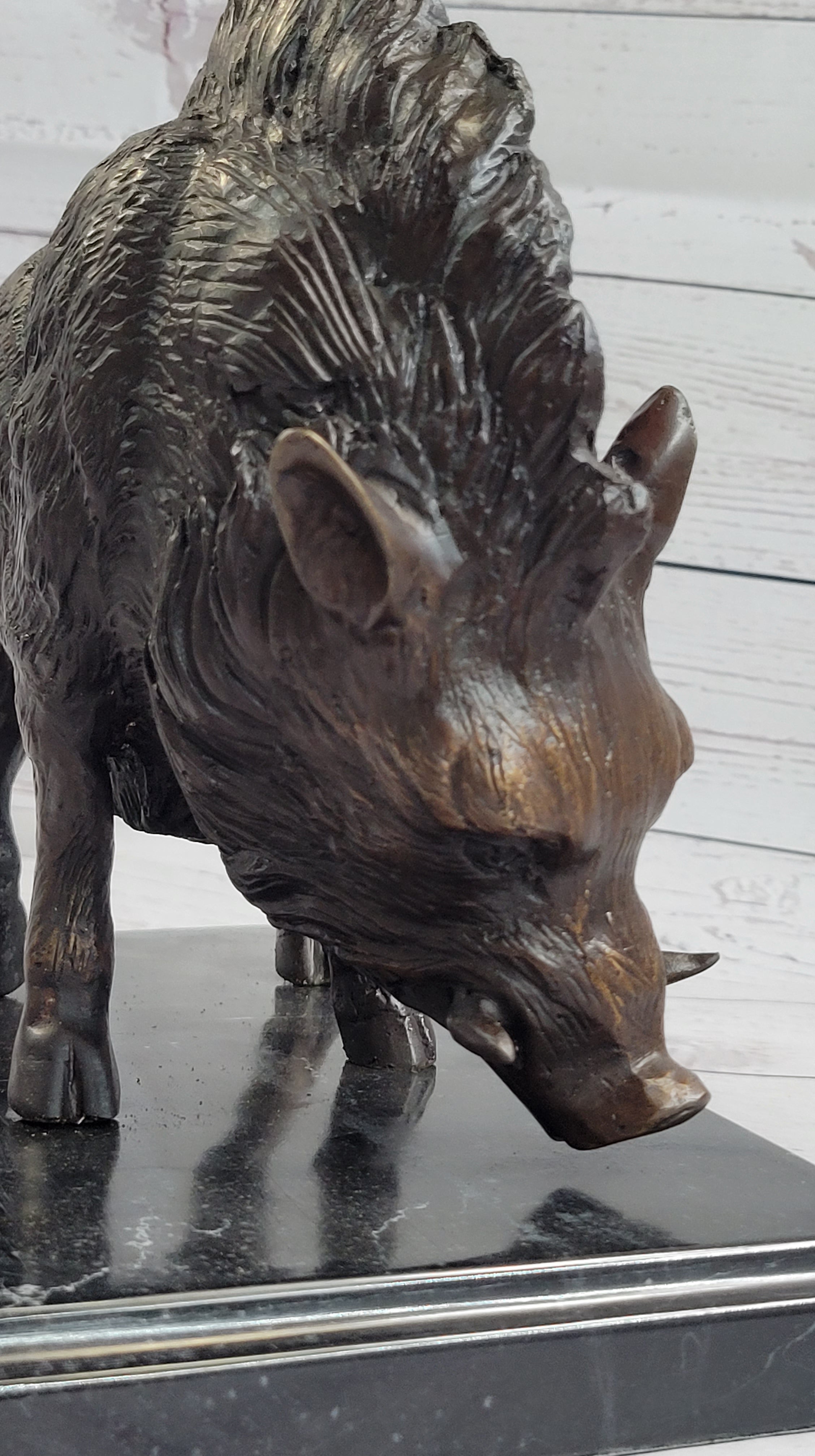 Wild Boar Bronze Sculpture on Marble Base J. Moigniez