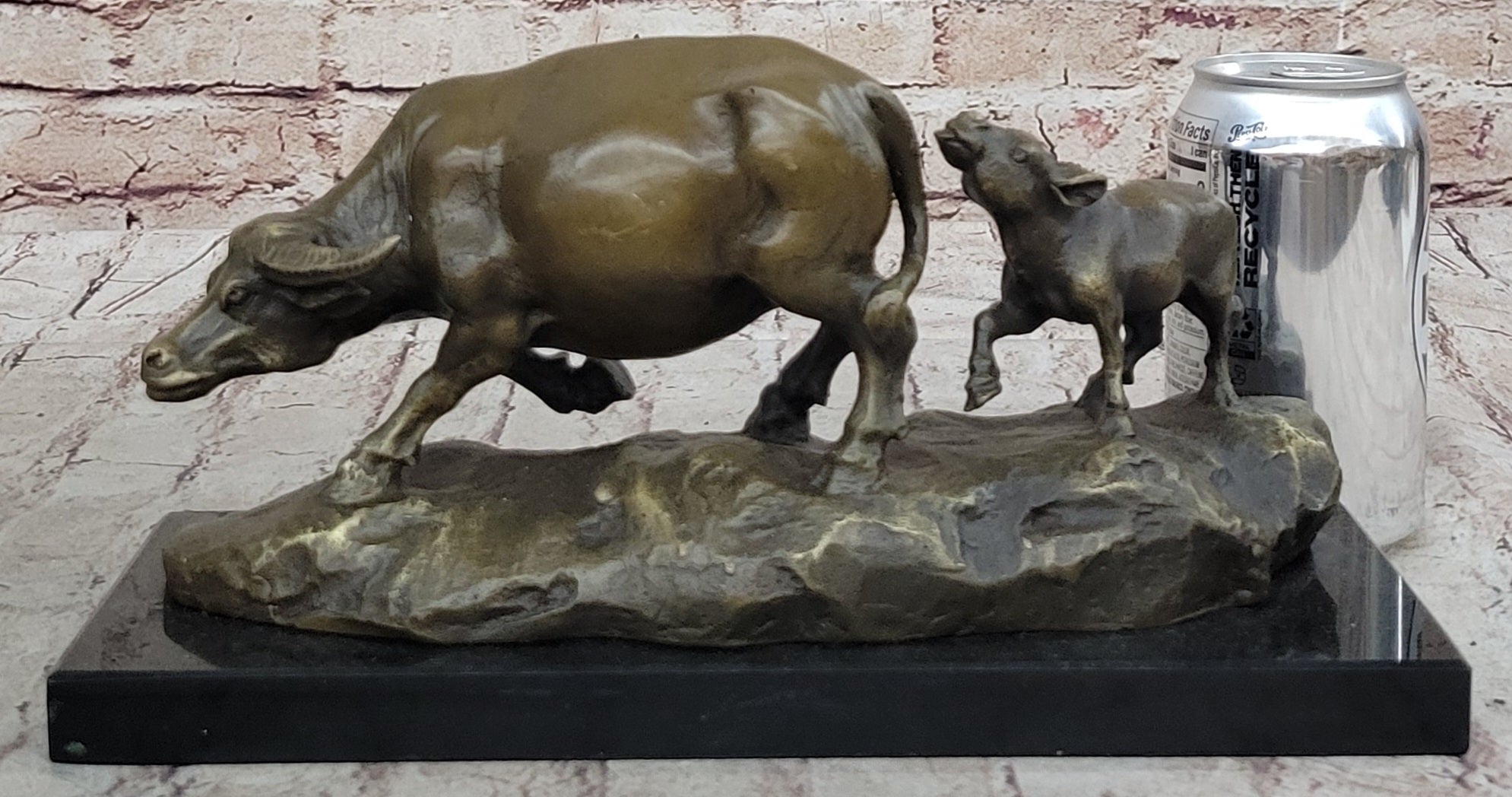 Mother Buffalo & Calf Bronze Sculpture – Timeless Pastoral Artwork on Marble Base