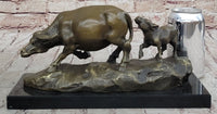 Mother Buffalo & Calf Bronze Sculpture – Timeless Pastoral Artwork on Marble Base