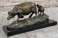 Mother Buffalo & Calf Bronze Sculpture – Timeless Pastoral Artwork on Marble Base