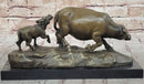 Mother Buffalo & Calf Bronze Sculpture – Timeless Pastoral Artwork on Marble Base