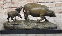 Mother Buffalo & Calf Bronze Sculpture – Timeless Pastoral Artwork on Marble Base