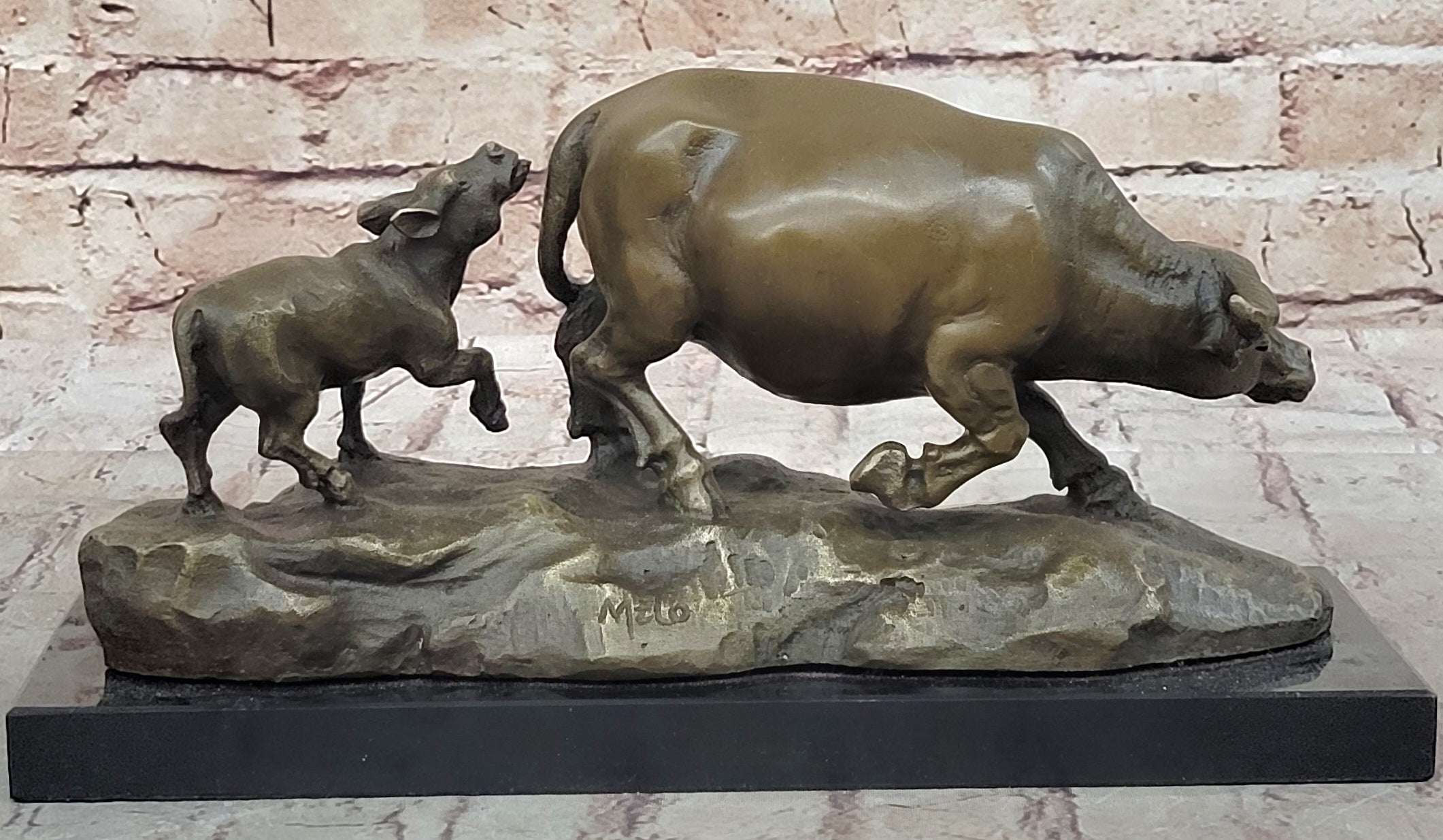 Mother Buffalo & Calf Bronze Sculpture – Timeless Pastoral Artwork on Marble Base