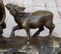Mother Buffalo & Calf Bronze Sculpture – Timeless Pastoral Artwork on Marble Base