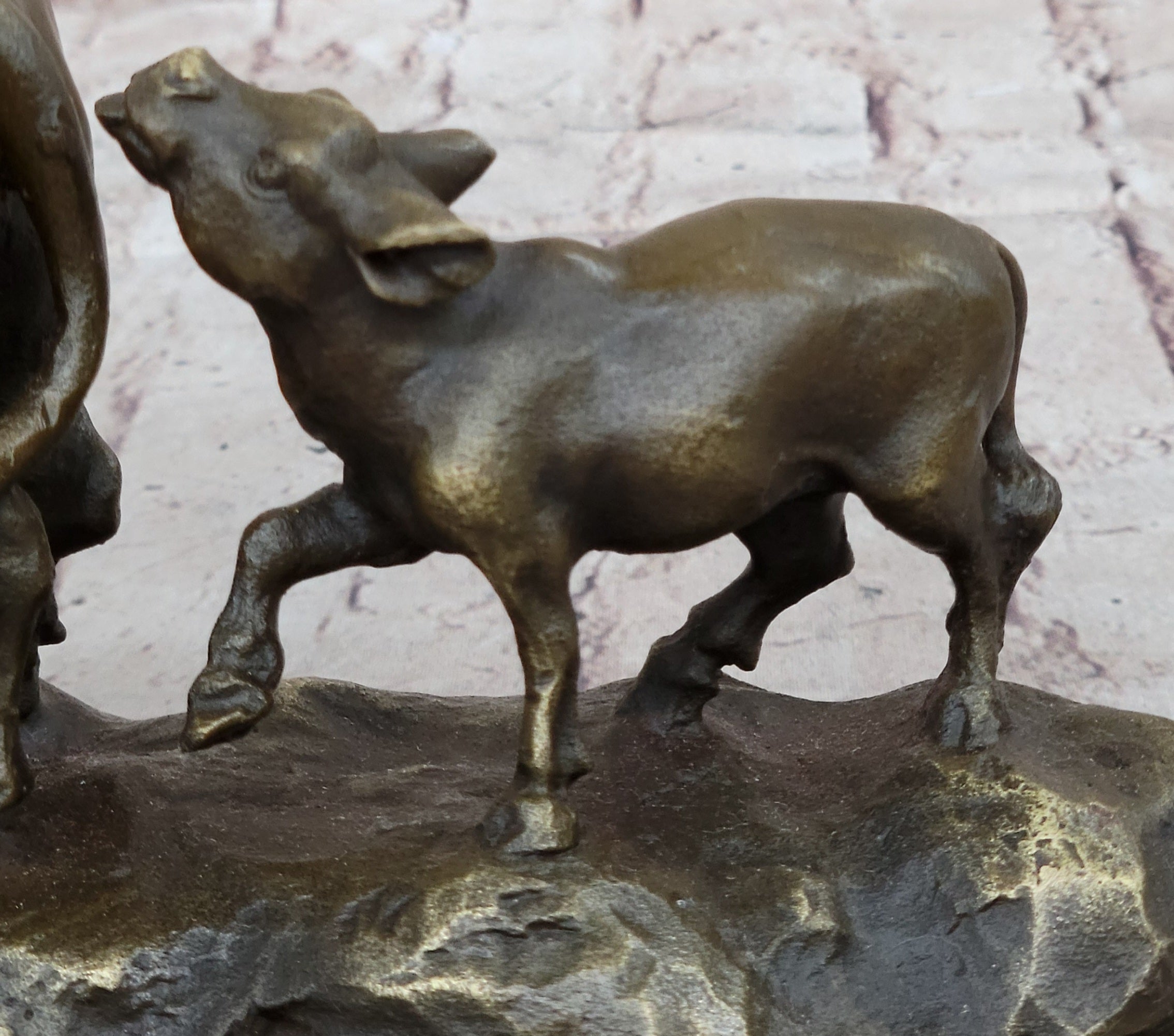 Mother Buffalo & Calf Bronze Sculpture – Timeless Pastoral Artwork on Marble Base
