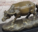 Mother Buffalo & Calf Bronze Sculpture – Timeless Pastoral Artwork on Marble Base