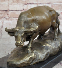 Mother Buffalo & Calf Bronze Sculpture – Timeless Pastoral Artwork on Marble Base