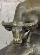 Mother Buffalo & Calf Bronze Sculpture – Timeless Pastoral Artwork on Marble Base