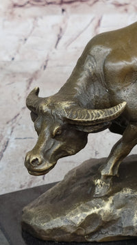 Mother Buffalo & Calf Bronze Sculpture – Timeless Pastoral Artwork on Marble Base
