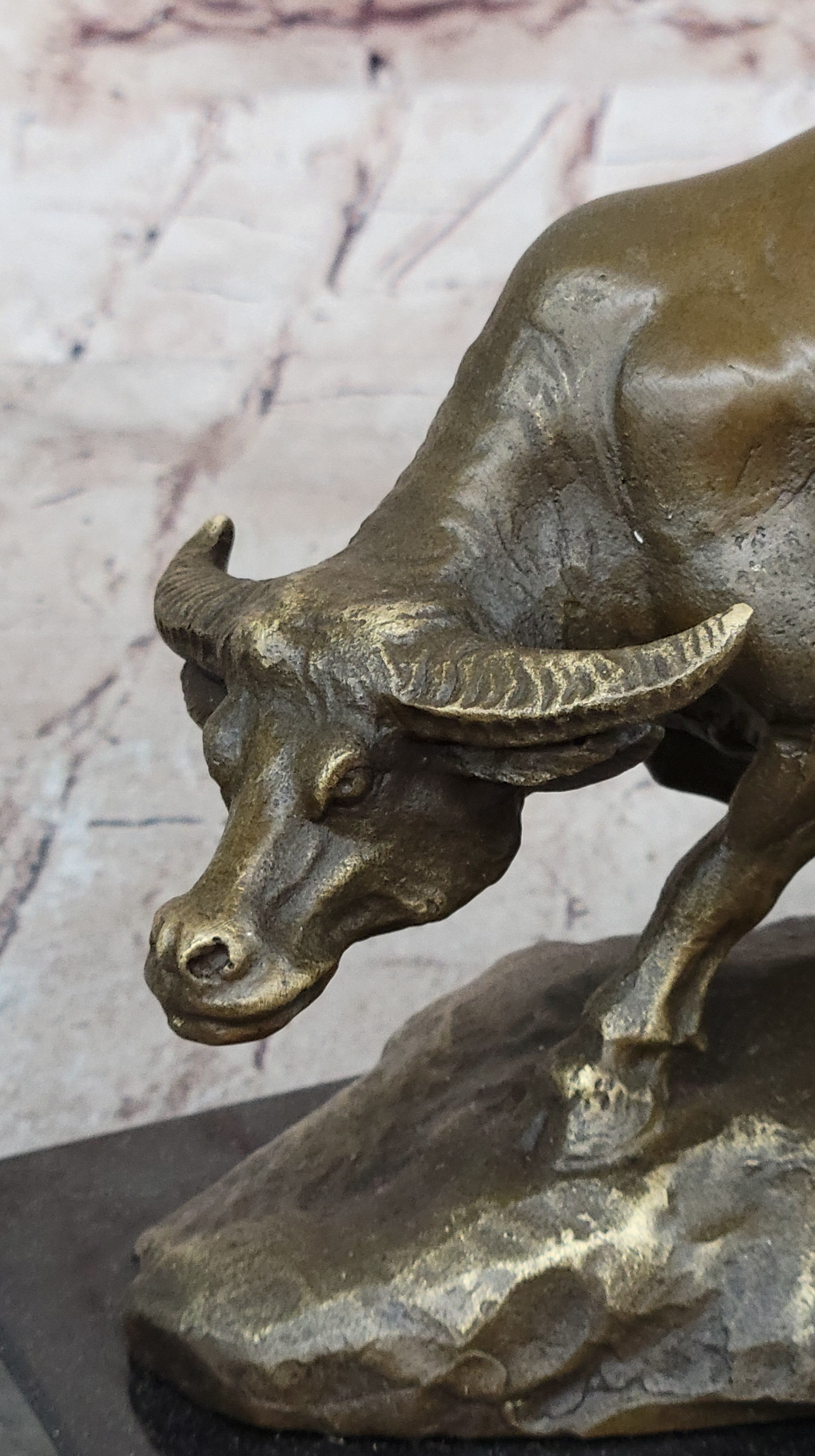 Mother Buffalo & Calf Bronze Sculpture – Timeless Pastoral Artwork on Marble Base