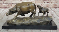 Mother Buffalo & Calf Bronze Sculpture – Timeless Pastoral Artwork on Marble Base